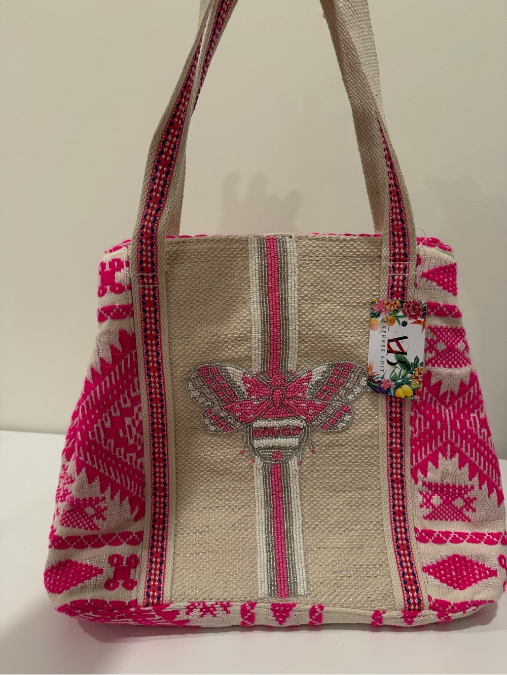 Embroidered Pink & Natural Canvas Tote Bag